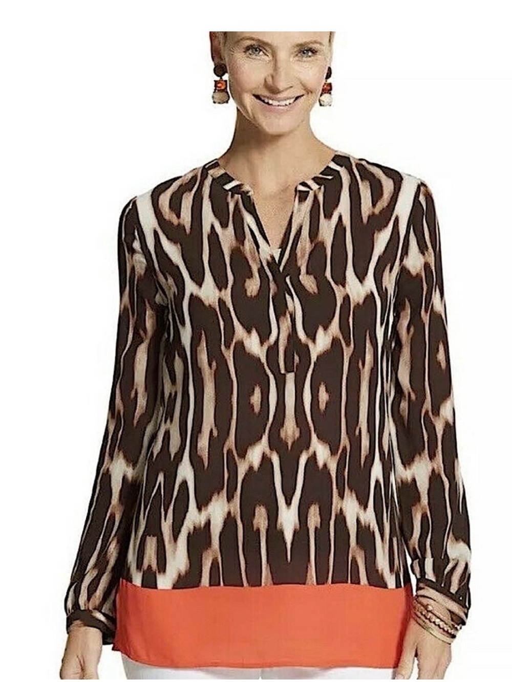 Chico's Brown Animal-Print V-Neck Blouse with Orange Hem